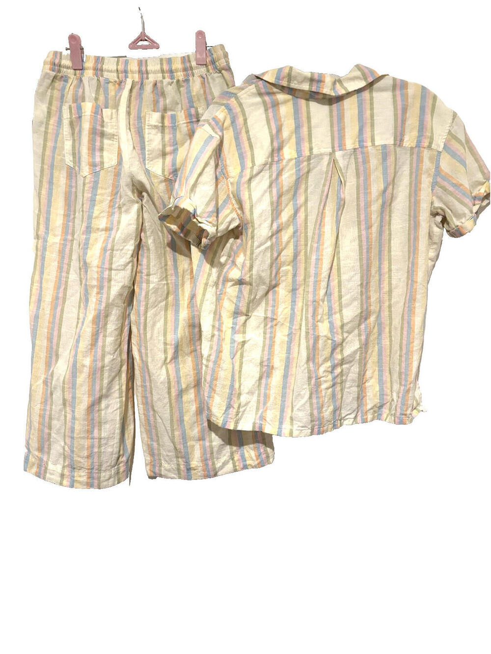 Naturals cotton capri yellow striped set button down shirt sz M pants sz S #3525